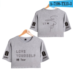 跨境专供 2018年BTS防弹少年团周边潮流时尚纯色印花 短款露脐T恤