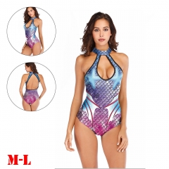 亚马逊2019爆款连体泳衣 3D印花美人鱼鱼鳞带胸垫性感欧美比基尼