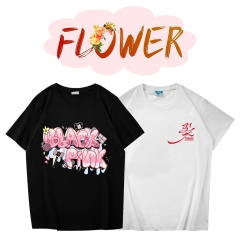 Black Pink-Flower黑白短袖T恤夏季时尚透气印花休闲宽松男女圆领