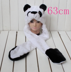 长款熊猫毛绒卡通帽子,帽子围巾手套一体 63cm