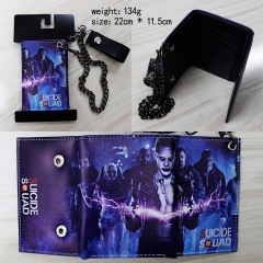 自杀小队系列人物英文标志链条紫色三折PU皮钱包