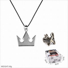 王国之心 王冠 戒指+不锈钢吊坠黑色吊绳项链2件套