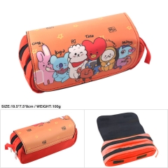 BTS防弹少年团 BT21集体橙色双层拉链PU笔袋 学生文具袋 19.5X7.5X8CM