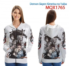 Demon Slayer: Kimetsu no Yaiba Cartoon Color Printing Patch Pocket Hooded Anime Zipper Hoodie