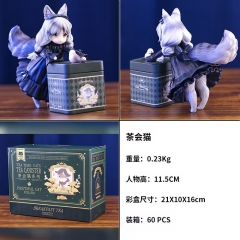 茶会猫 重量：0.23kg 人物高：约11.5CM 彩盒尺寸：21X10X16CM 装箱60PCS