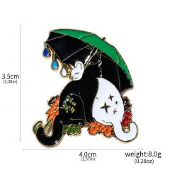 雨伞下的猫卡通胸针 互相依偎的白猫与黑猫可爱情侣徽章